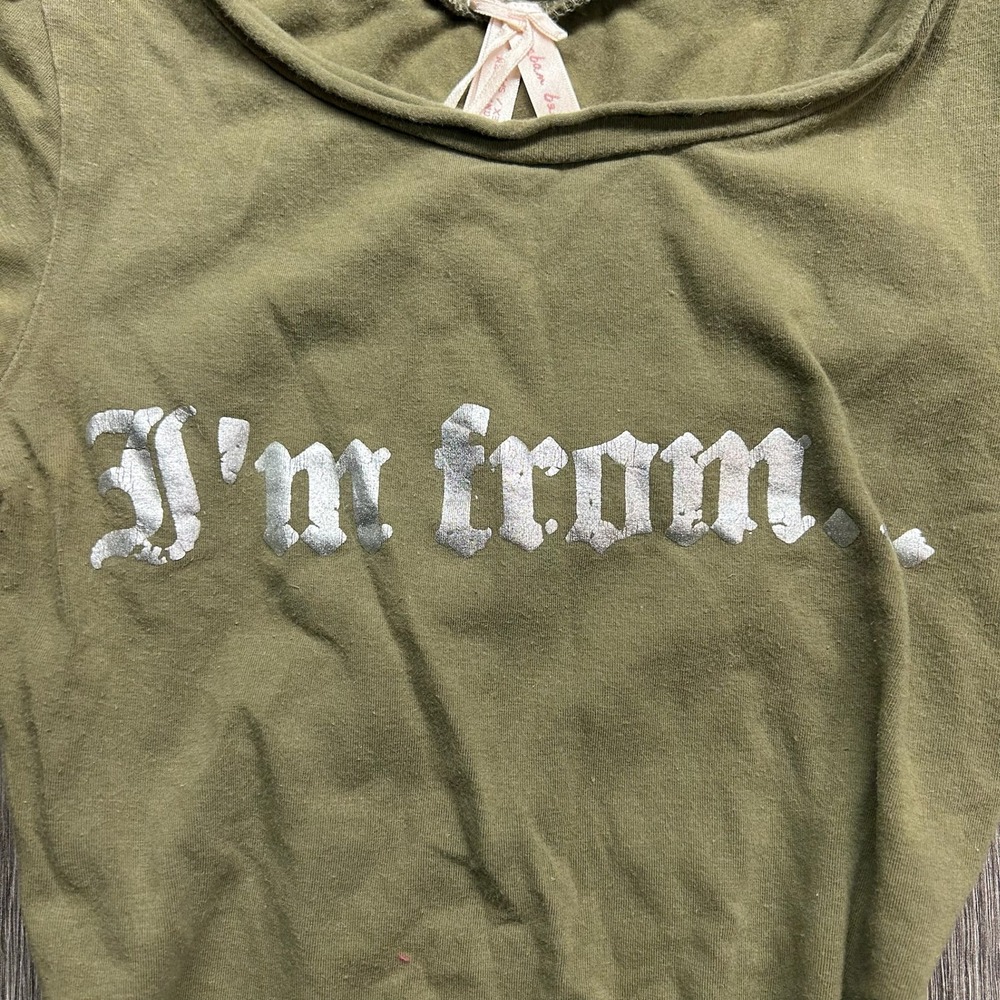 Urban Behavior Y2K XS Olive Green Baby Tee I'm From 213 Silver Foil Gothic Top - Picture 2 of 8